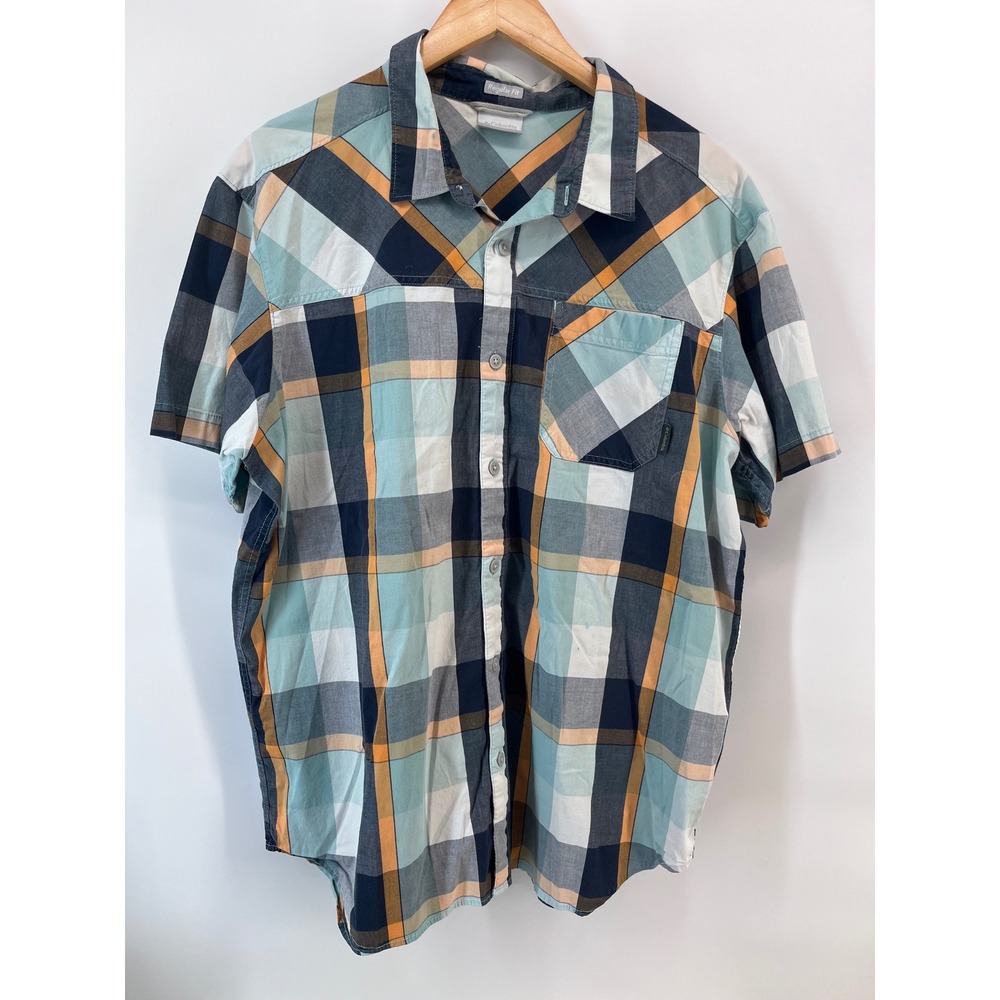 Columbia Mens XL Regular Fit Plaid Short Sleeve Button Down Shirt Blue Orange
